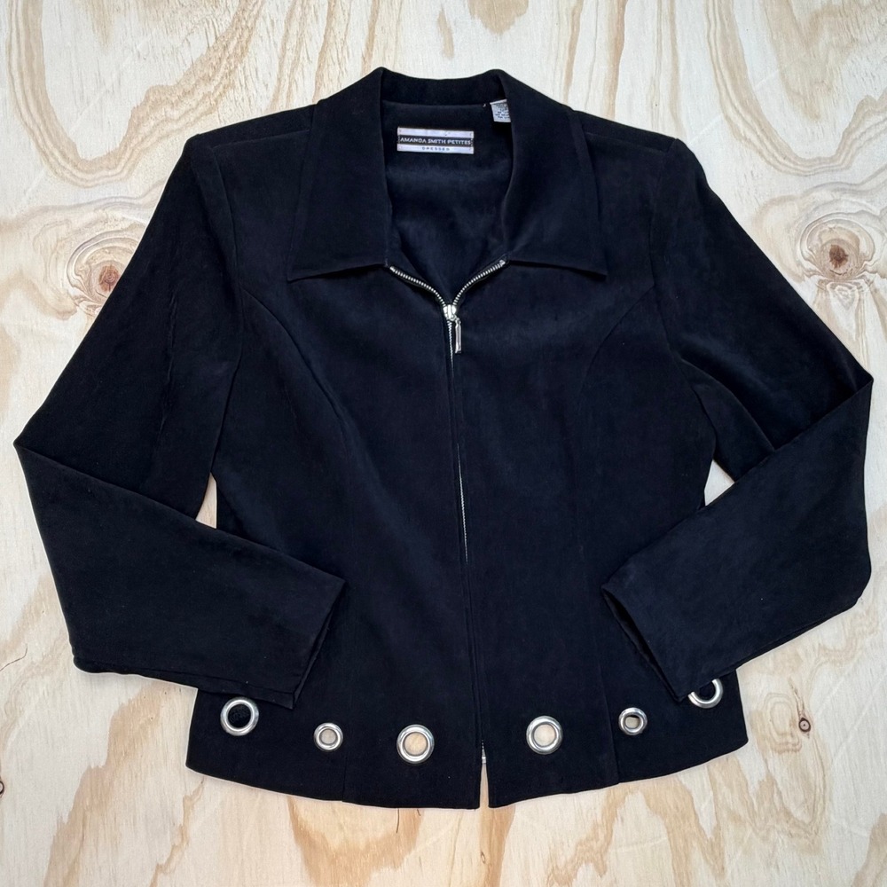 Amanda Smith Petites Black Faux Suede Zip Jacket Silver Grommet Hem 12P Vintage